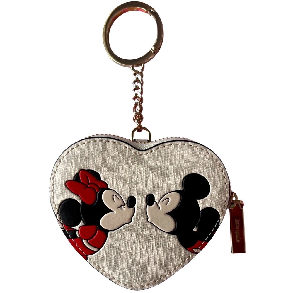 Kate Spade Disney Mickey Minnie Heart Coin Purse Keychain Cream Leather New
